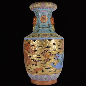 A Huge Enamel Carve Green Ground Dragon Pattern Lion-Ears Vase