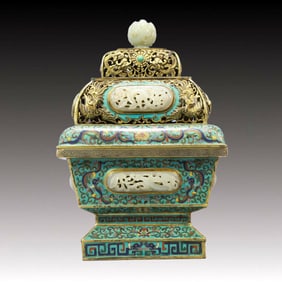 A Rare Cloisonne Inlaid White Jade Dragon and Phoenix Pattern Censer