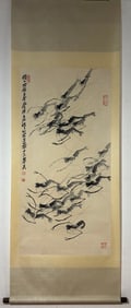 A Chinese Vertical Scroll Ink Painting of Shrimp on Paper,Qi Baishi