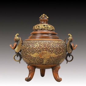 An Exquisite Gilt Bronze Lotus Pattern Double-Ears and Tripod Censer