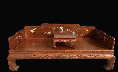 A Huge Huanghuali wood Flower and Bird Pattern Bed,Inlaid Gems