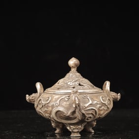 An Exquisite Silver-plated Copper Dragon Pattern Double-Ears Beast-legs Censer