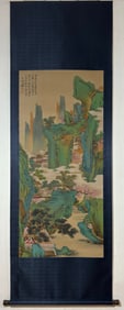 A Chinese Vertical Scroll Ink Painting of Landscape and Figure on Silk,Zhang Daqian