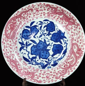 A Huge Blue and White Ruby Red-Glazed Peach and Dragon Pattern Plate