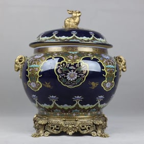 A Rare Ji Blue Glazed Painted Gold Flower and Crane Pattern Inlaid Bronze Sheep-Ears Jar with Cover
