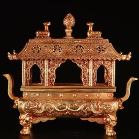 A Rare Gilt Bronze Eight Treasures and Dragon Pattern Double-Ears Four Legs Censer