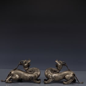 A Pair of Exquisite Silver-plated Auspicious Beast Ornaments