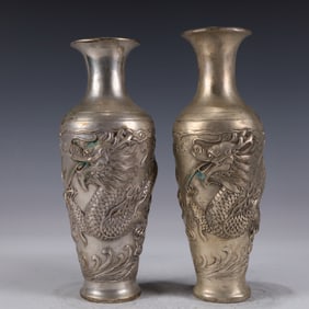 A Pair of Exquisite Silver-plated Dragon Patterened vases