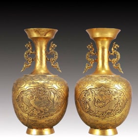A Pair of Rare Gilt Bronze Dragon and Phoenix Pattern Double-Ears Vases