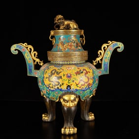 A Huge Cloisonne Lotus Dragon Pattern Double-Ears and Beast-Legs Censer