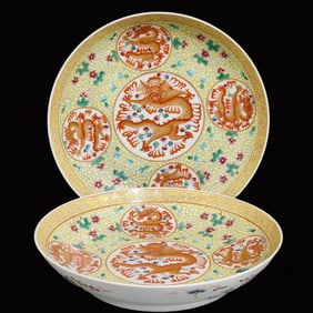 A Pair of Exquisite Famille-Rose Flower and Dragon Pattern Plates
