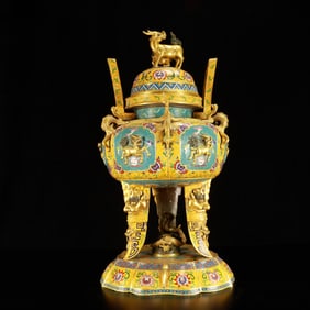A Huge Cloisonne Lotus Auspicious Beast Pattern Double-Ears and Beast-Legs Censer