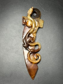 An Exquisite White Jade Chi-Dragon Pattern Knife-Shaped Pendant