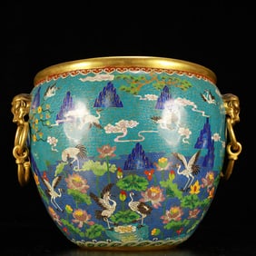 A Huge Cloisonne Flower and Crane Pattern Beast-Ears Vat