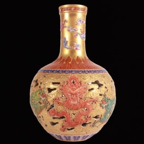 A Huge Enamel Carve Golden Ground Dragon Pattern Hollow Vase