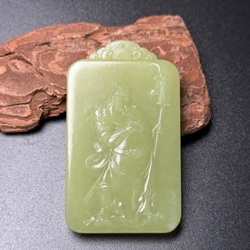 An Exquisite Yellow Jade Guangong Pattern Pendant