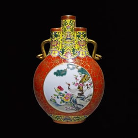 An Exquisite Famille-Rose Red Glazed Painted Gold Lotus,Flower and Bird Pattern Double-Ears Vase