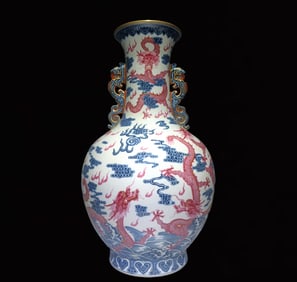 A Huge Blue and White Ruby red-Glazed Painted Gold Auspicious Cloud and Dragon Pattern Phoenix-Ears