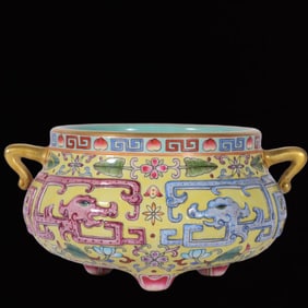An Exquisite Enamel Yellow Ground Carve Lotus Pattern Double-Ears and Tripod Censer