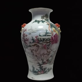 A Huge Famille-Rose Figure and Sheep Pattern Lion-Ears Vase,With Poem