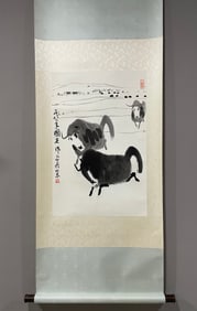 A Chinese Vertical Scroll Ink Painting of Buffalo on Paper,Wu Zuoren