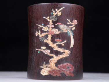 A Precious Zitanwood Gem-Inlaid 'Bird& Flower' Brush Pot