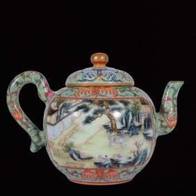 An Exquisite Famille-Rose Painted Gold Flower Landscape Figure Pattern Ewer,With poem