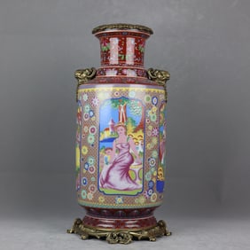 A Huge Famille-Rose Figure Pattern Inlaid Bronze Sheep-Ears Vase