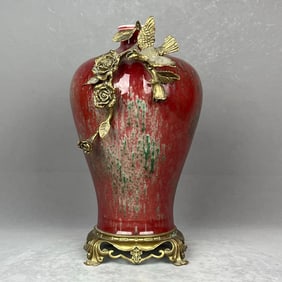 A Rare Flambe Glazed Inlaid Bronze Flower and Bird Pattern Vase