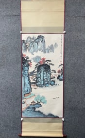 A Chinese Vertical Scroll Ink Painting of Landscape and Figure on Paper,Qian Songyan