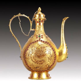 A Rare Gilt Bronze Dragon Pattern Ewer, Inlaid Gems