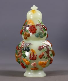 An Exquisite White Jade Inlaid Gems Gourd-Shaped Vase