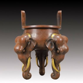 An Exquisite Gilt Bronze Double-Ears and Elephant-legs Censer
