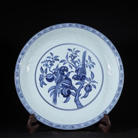 A Rare Blue and White Flower and Bird Pattern Plate