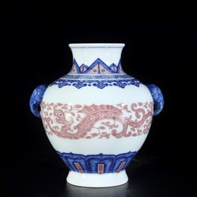 An Exquisite Blue and White Underglaze-Red Dragon Pattern Elephant-Ears Vase