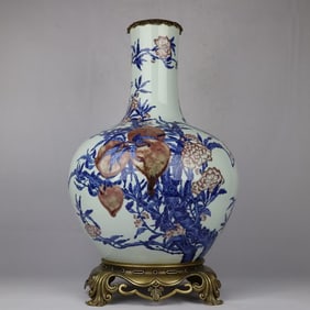 A Huge Blue and White Underglaze-Red Flower and Fruit Pattern Inlaid Bronze Vase