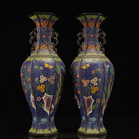A Pair of Huge Cloisonne Pine, Bamboo and Plum Blossom Pattern Dragon-Ears Vases