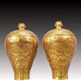 A Pair of Rare Gilt Bronze Lotus Pattern Vases