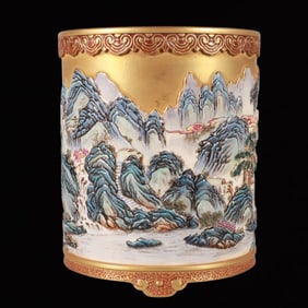 An Exquisite Enamel Golden Ground Carve Landscape Pattern Brush Pot