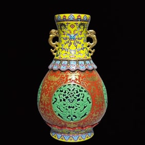 A Rare Enamel Painted Gold Hollow Lotus and Dragon Pattern Double-Ears Vase
