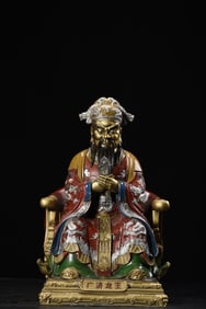 A Rare Gilt Bronze Painted Color Figure Ornament, Inlaid Silver