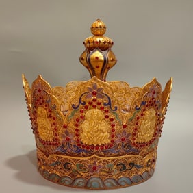 An Exquisite Filigree Gilt Buddha Pattern Hat,Inlaid Gems