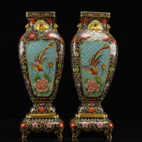 A Pair of Rare Cloisonne Flower, Phoenix and Bird Pattern Vases