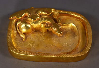 An Exquisite Gilt Bronze Buffalo Pattern Inkstone