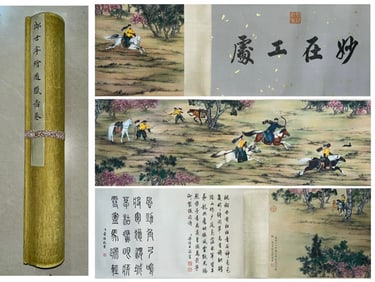 A Chinese Hand Scroll Ink Painting of Figure on Paper,Lang Shining