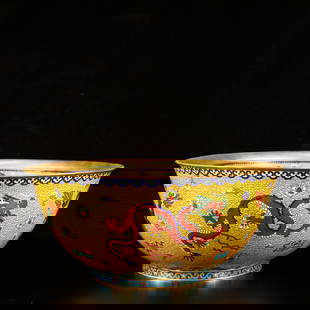 A Huge Cloisonne Dragon Pattern Bowl: A Huge Cloisonne Dragon Pattern Bowl,(A type of enamelware with metal wires separating colored glaze,originating in China),Qing Dynasty,China,Qianlong Four-character Mark,Size:15.7inx15.7inx6.7in,Weig