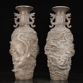 A Pair of Huge Silver-plated Copper Dragon and Phoenix Pattern Double-Ears Vases