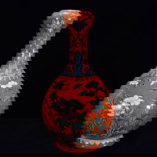 An Exquisite red Glazed Famille-Rose Pattern Vase: An Exquisite red Glazed Famille-Rose Pattern Vase,Qing Dynasty,China,Qianlong Six-character Mark,Size:11inx5.9in &#32418;&#37321;&#31881;&#24425;&#33457;&#32441;&#29942;,&#20013;&#22269;&#28165;&#2019