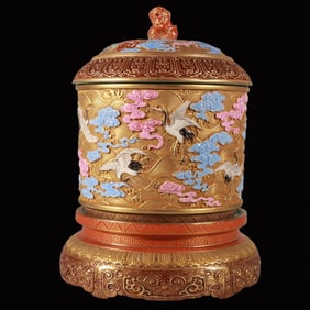 An Exquisite Enamel Golden Ground Carve Crane Pattern Jar with Cover