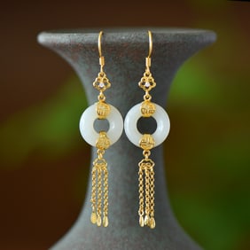 A Pair of Exquisite Sterling Silver-Gold Plated Inlaid White Jade Earrings